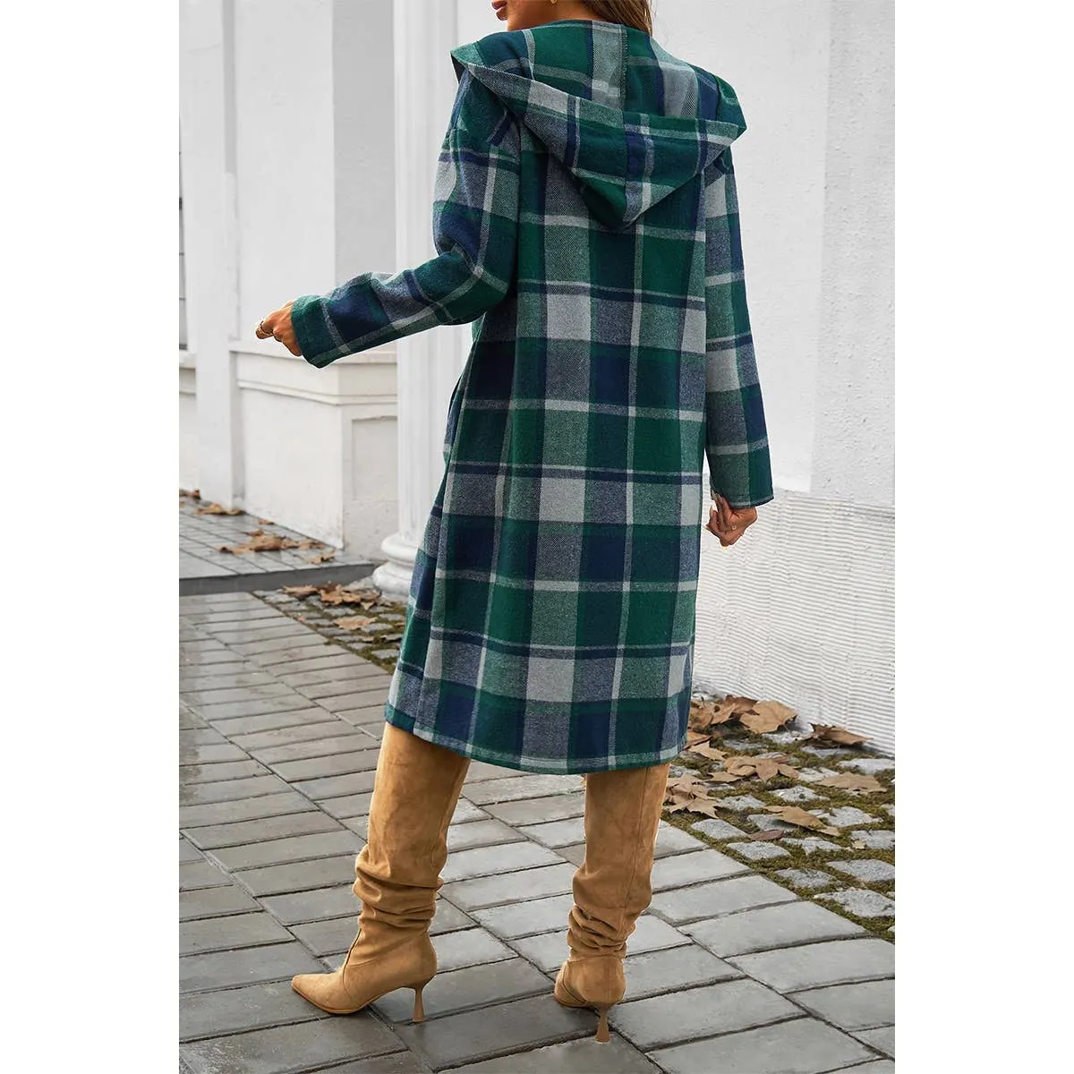 Hooded Flannel Trench Coat - Green Plaid