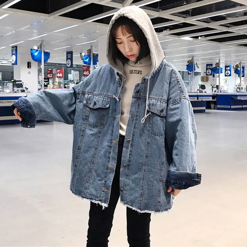 Hooded Jean Jacket With Loose Fit