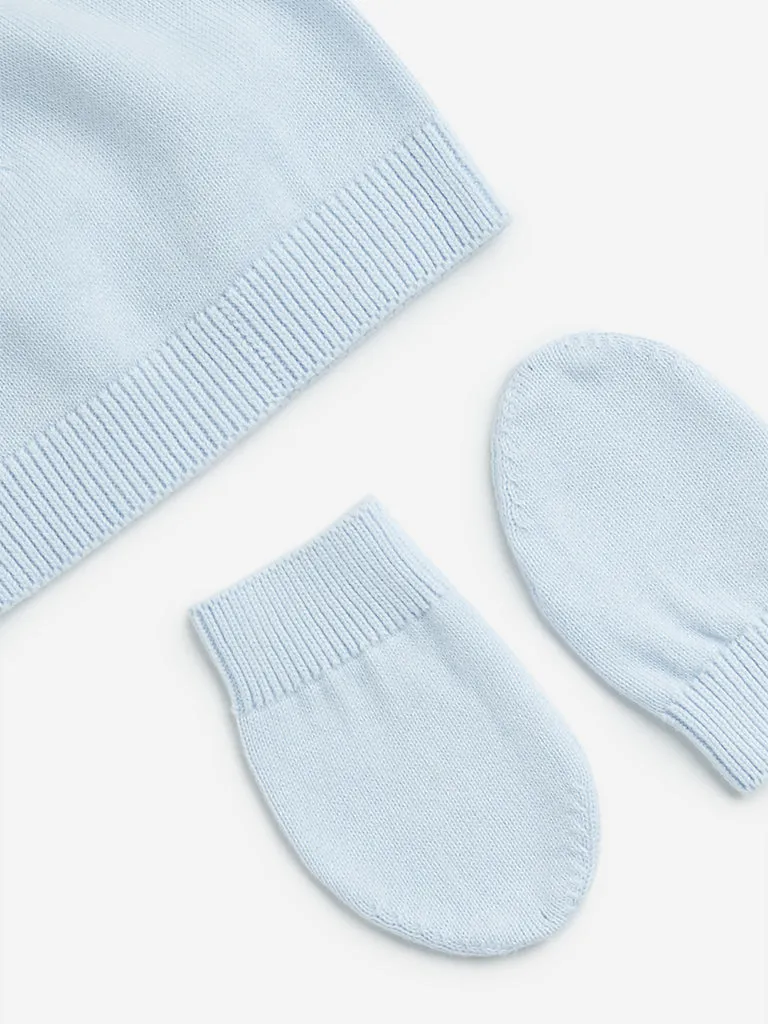 HOP Baby Blue Cotton Cap with Mittens Set