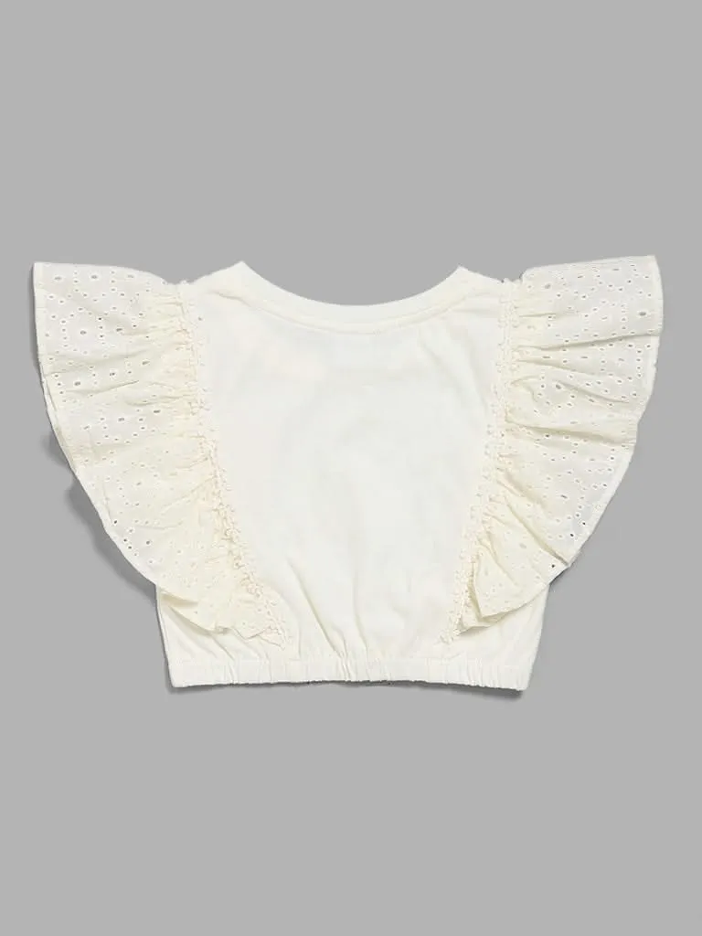 HOP Kids White Schiffli Sleeves Crop Top