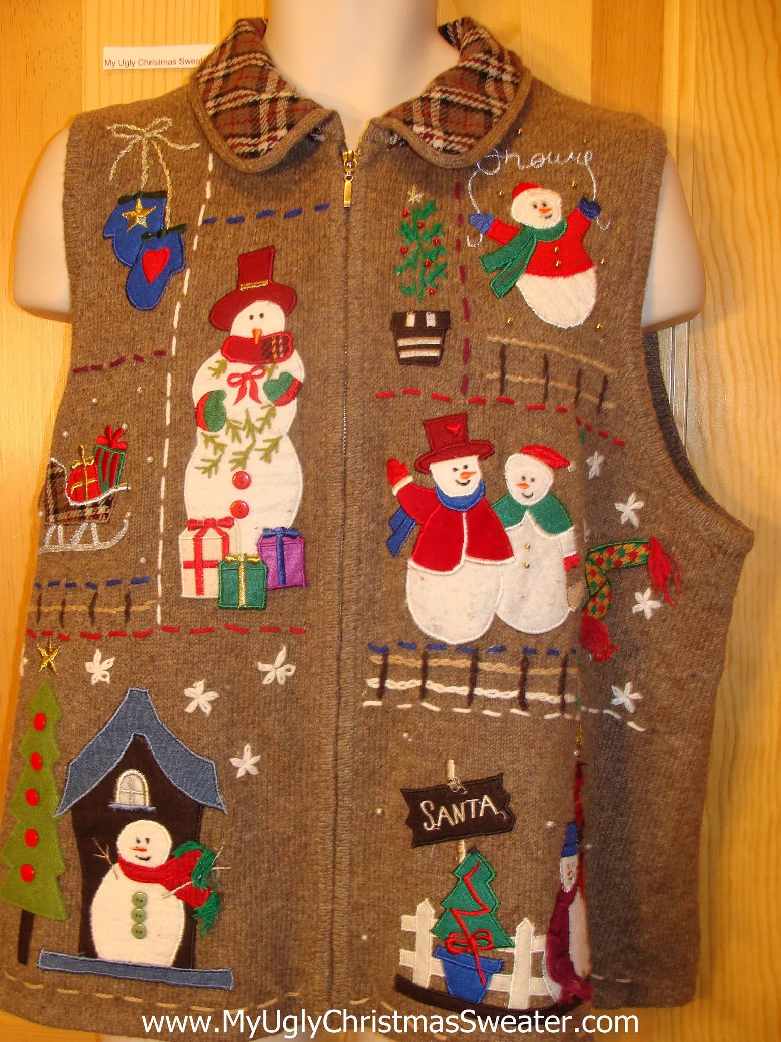 Horrible Cheesy Ugly Christmas Sweater Vest with Plaid Colla