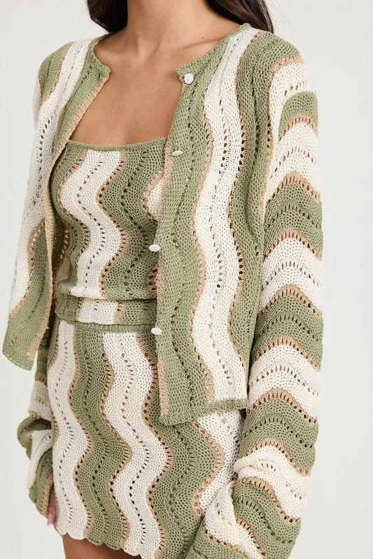 Hot Girl Calabasas Crochet Bell Sleeve Striped Cardigan In Sage