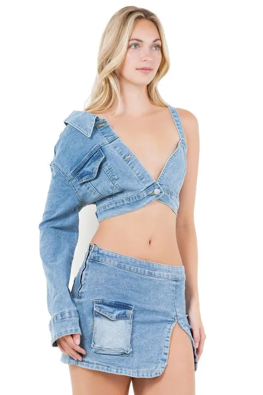 Hot Girl Denim Dreams Two Piece Top And Mini Skirt Set