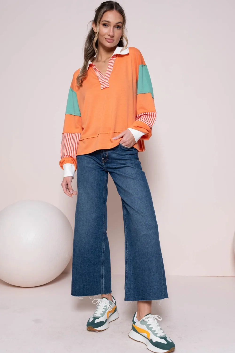 Hot Girl Hailey & Co Color Block with Striped Panel In Orange Long Sleeve Top