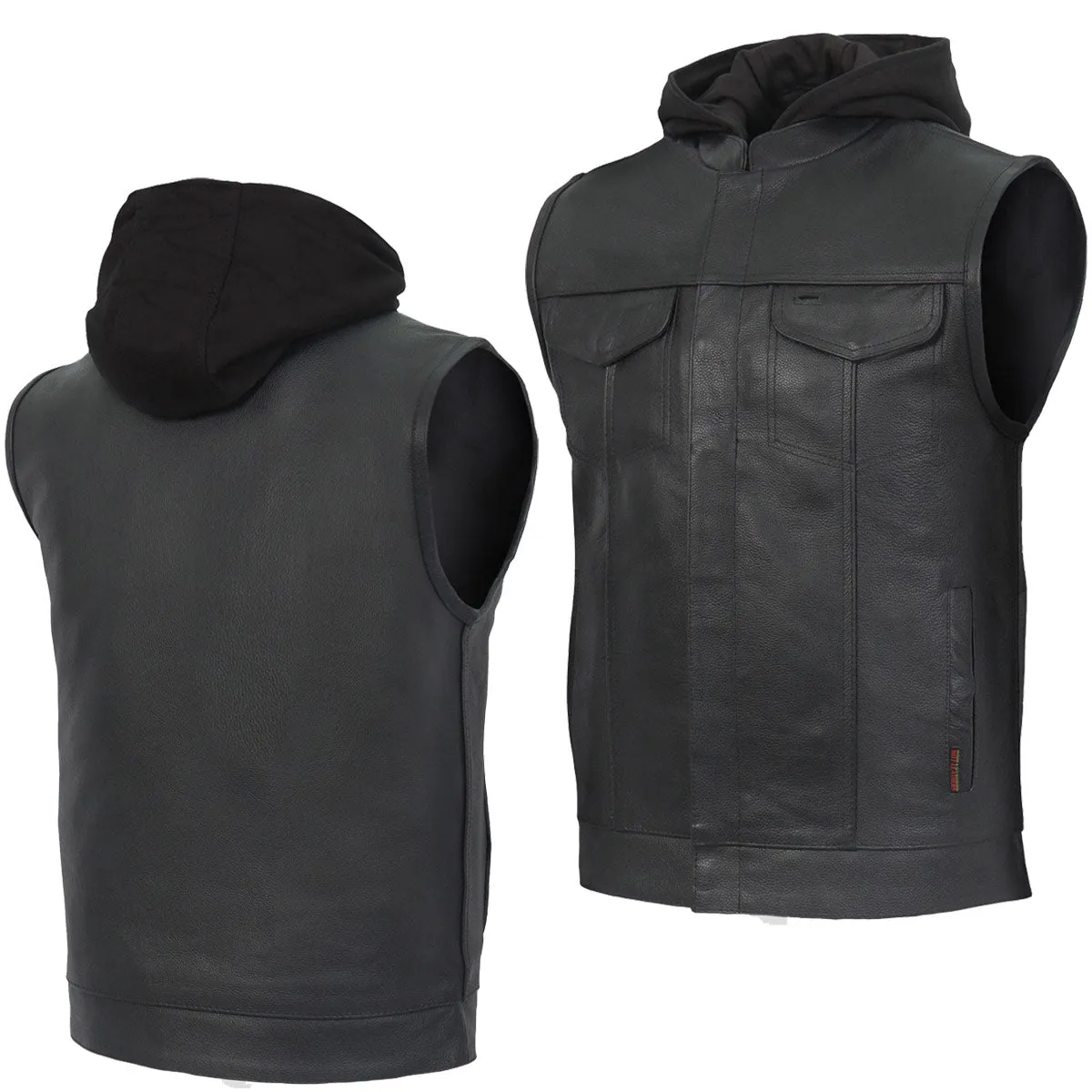 Hot Leathers VSM1201 Men's Black Motorcycle Biker Club Style Vest with Hoodie