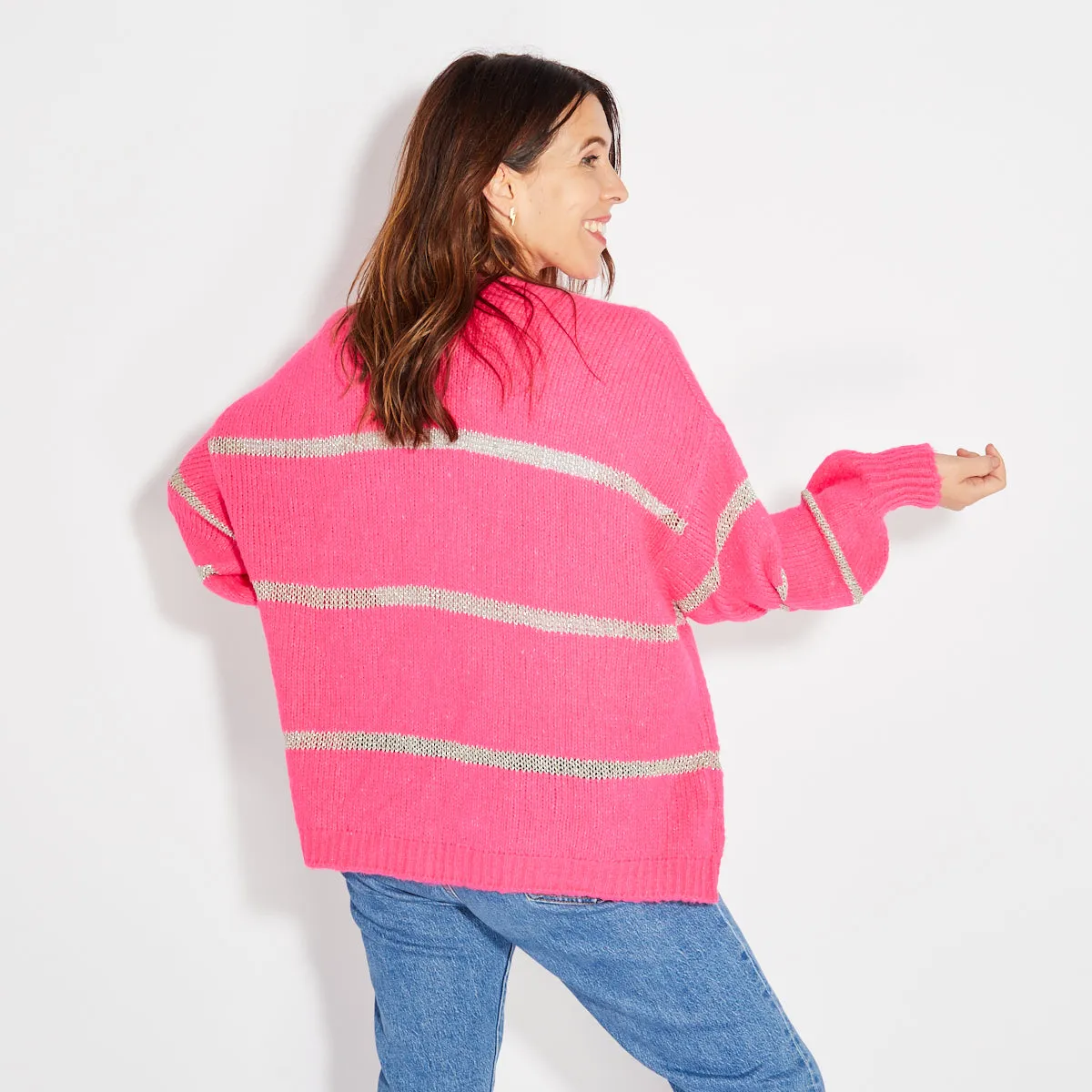 Hot Pink Disco Cardigan With Metallic Stripe - ONE SIZE