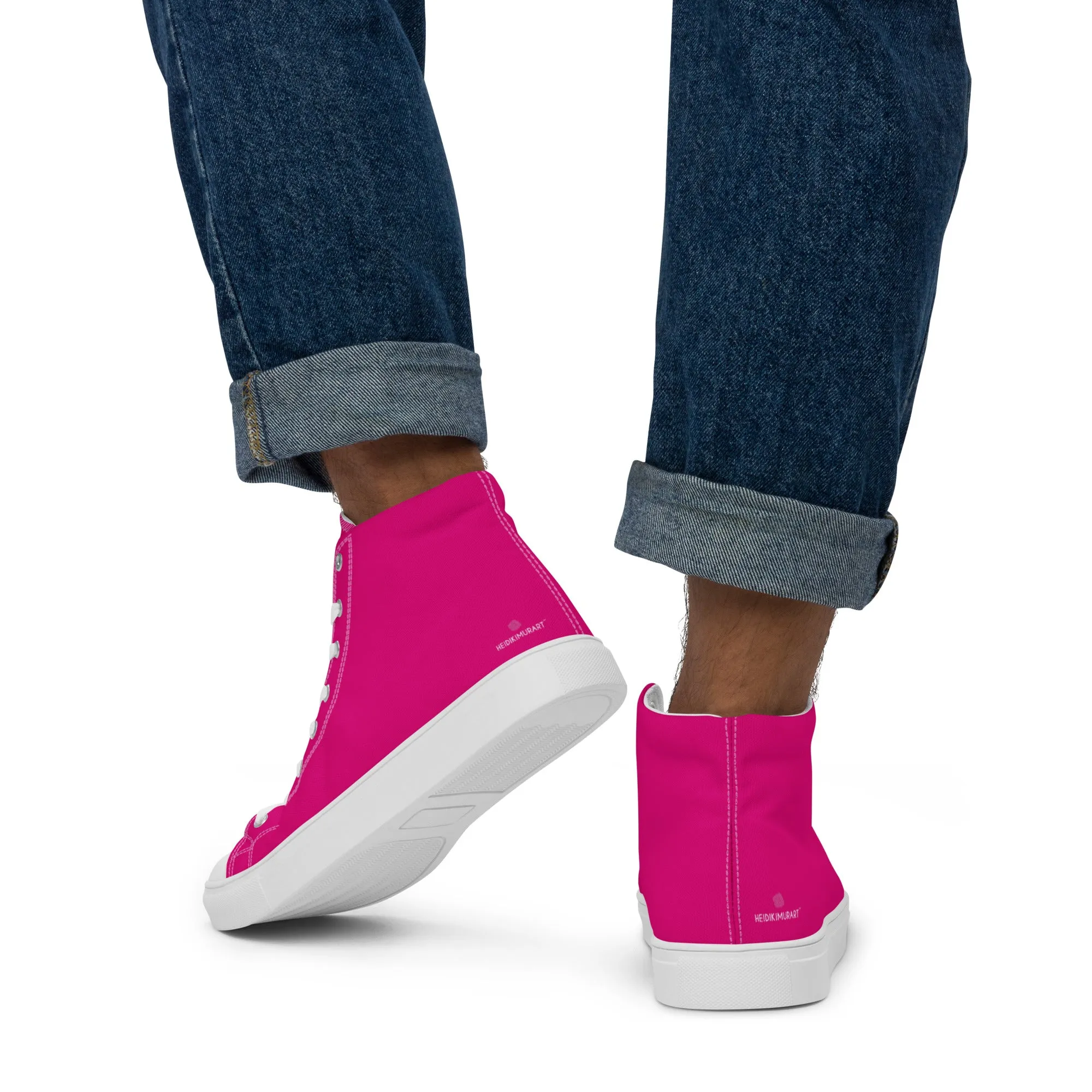 Hot Pink Men's High Tops, Solid Hot Pink Color Men’s High Top Sneakers Canvas Tennis Shoes With White Laces and Faux Leather Toe Caps (US Size: 5-13)