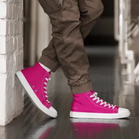 Hot Pink Men's High Tops, Solid Hot Pink Color Men’s High Top Sneakers Canvas Tennis Shoes With White Laces and Faux Leather Toe Caps (US Size: 5-13)