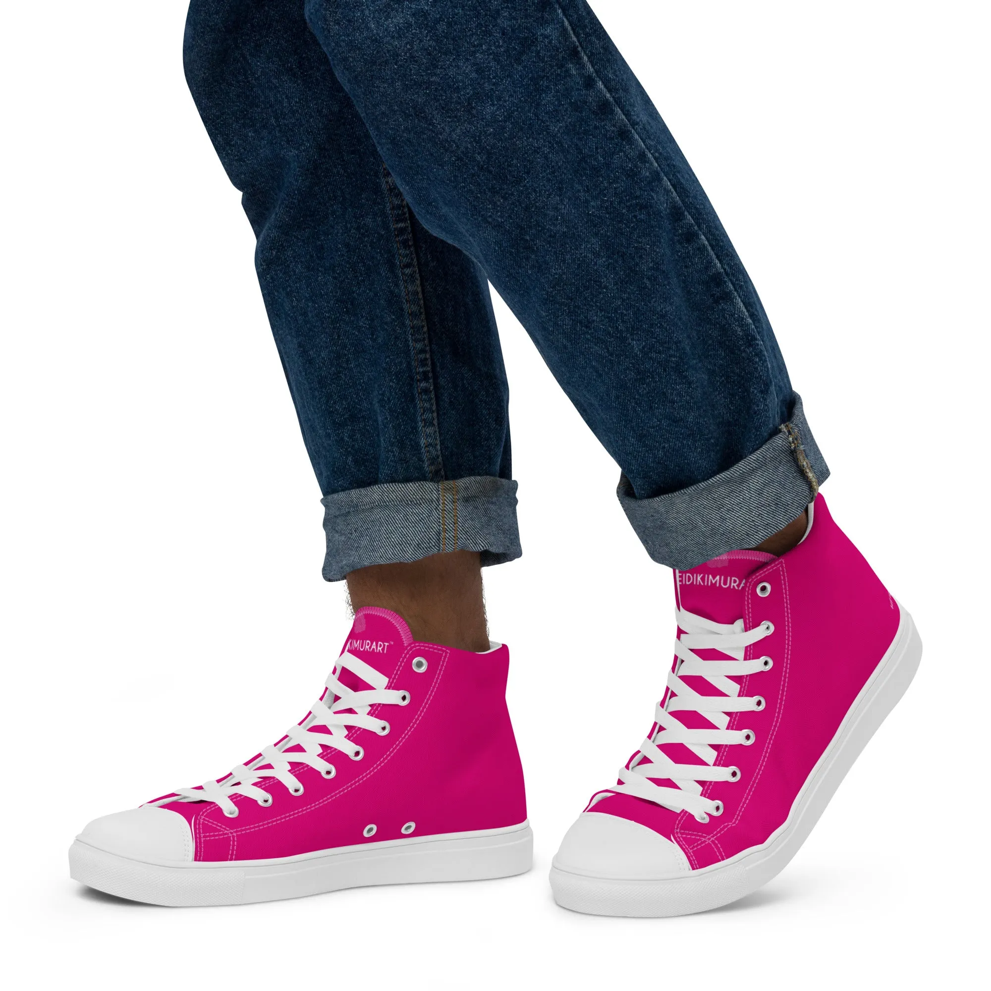 Hot Pink Men's High Tops, Solid Hot Pink Color Men’s High Top Sneakers Canvas Tennis Shoes With White Laces and Faux Leather Toe Caps (US Size: 5-13)