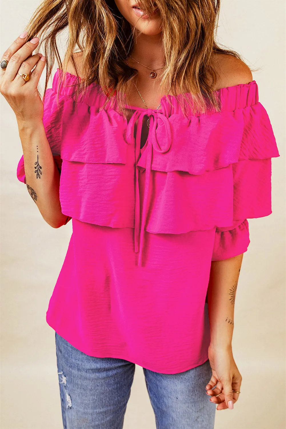 Hot Pink Off-Shoulder Layered Blouse