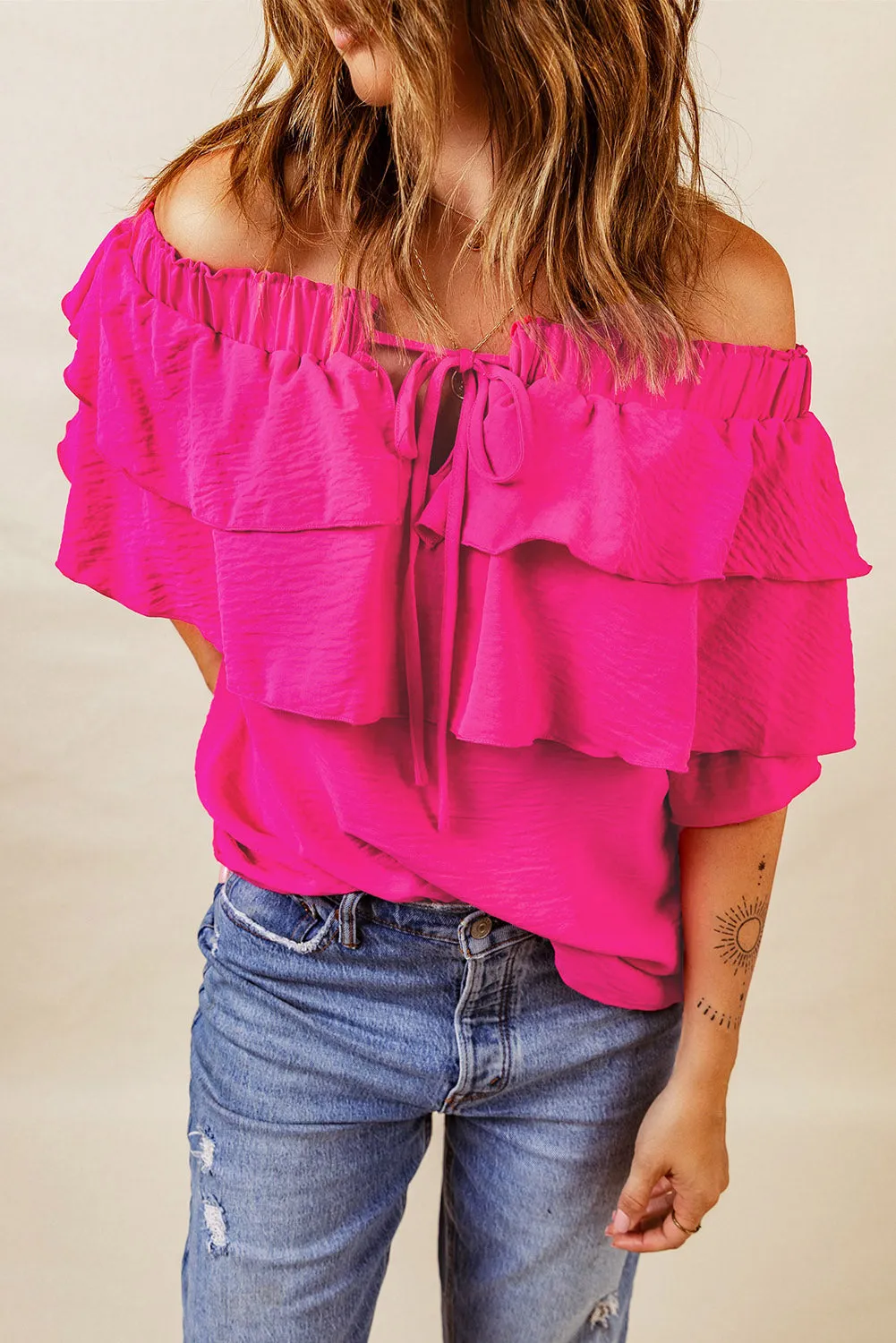 Hot Pink Off-Shoulder Layered Blouse