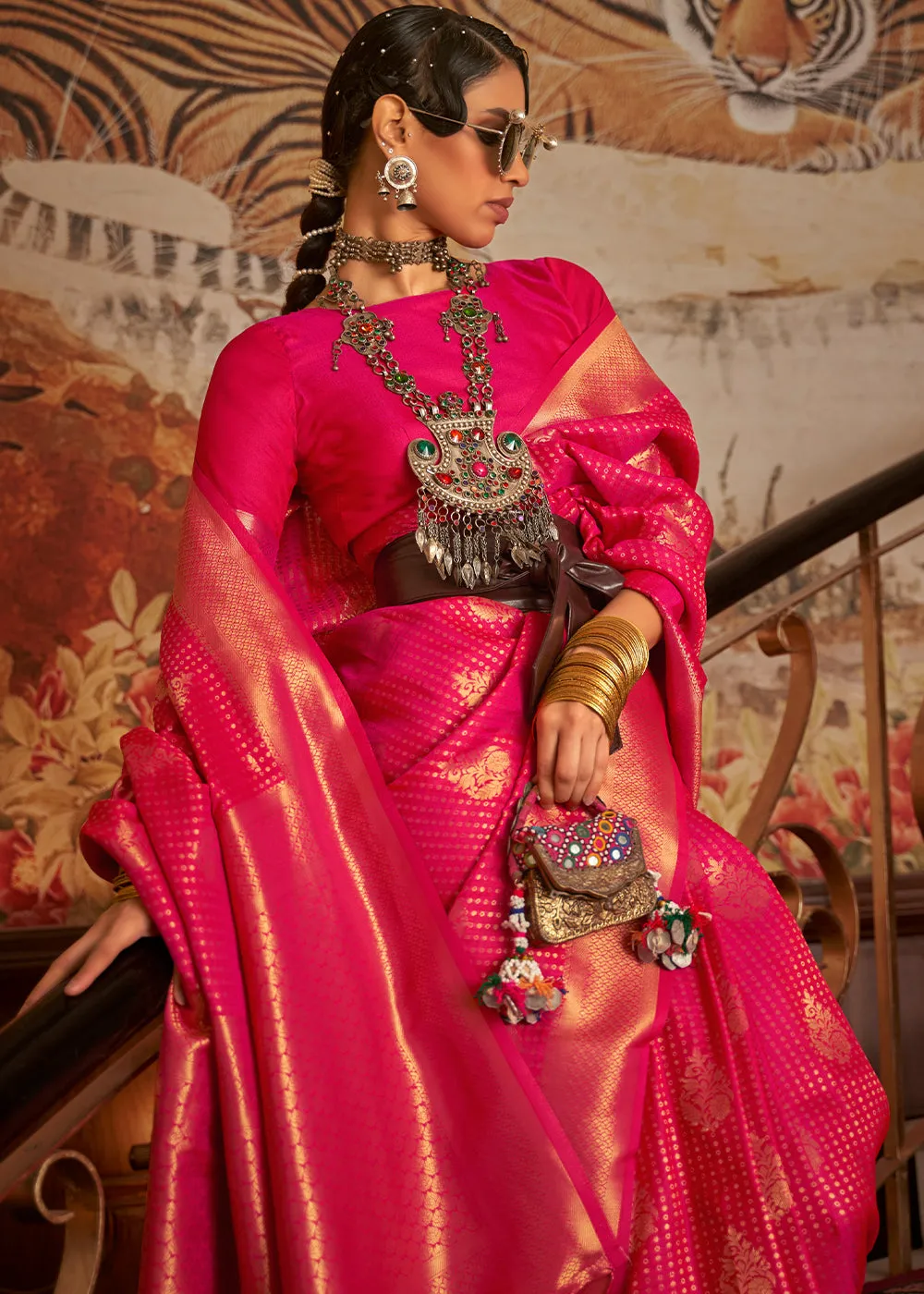 Hot Pink Woven Banarasi Silk Saree