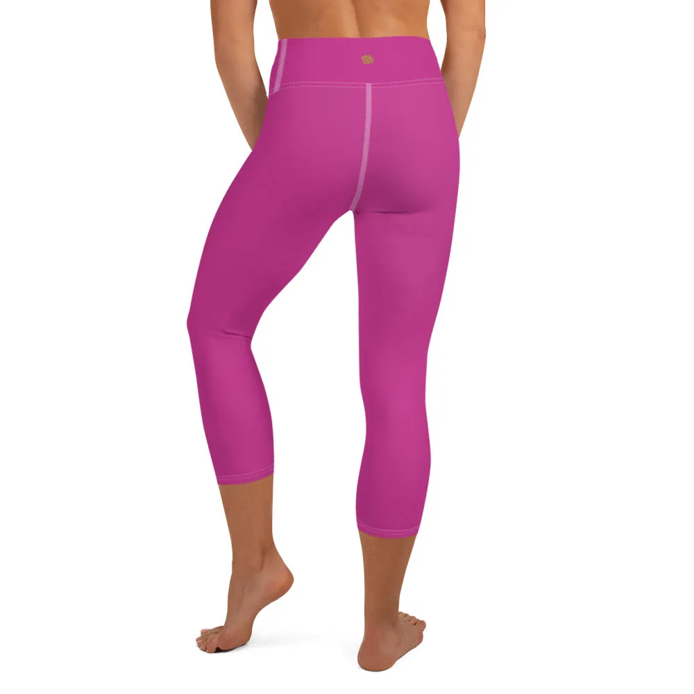 Hot Solid Pink Capris Tights, Solid Color Premium Women's Yoga Capri Leggings Pants- Made in USA/ EU