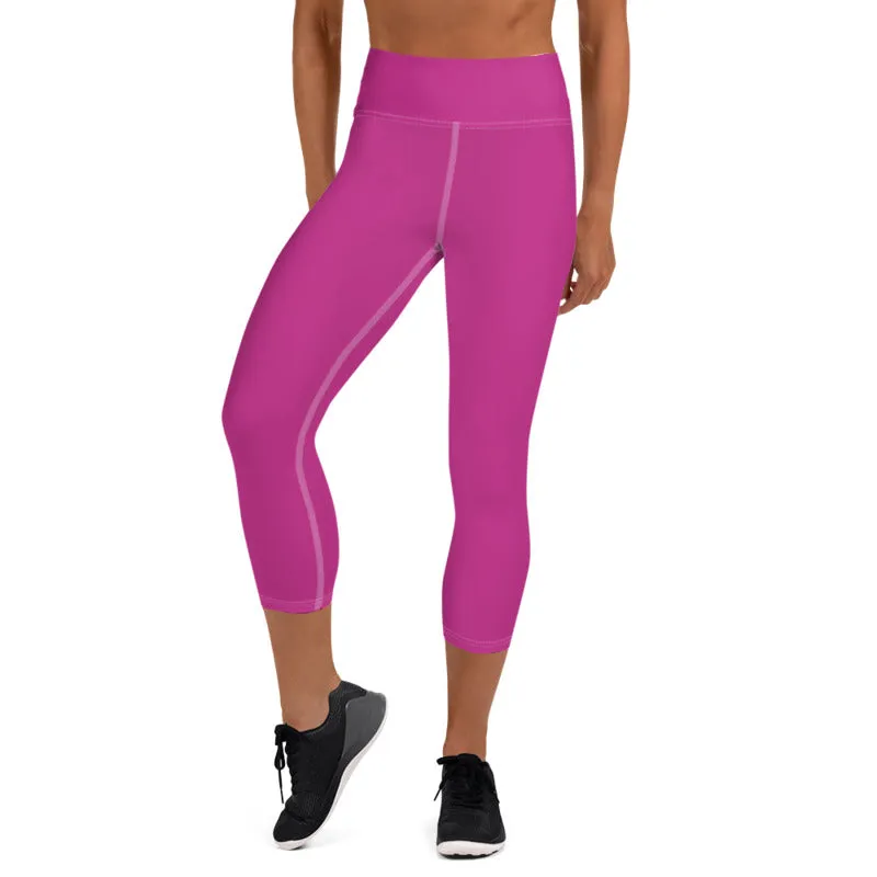 Hot Solid Pink Capris Tights, Solid Color Premium Women's Yoga Capri Leggings Pants- Made in USA/ EU