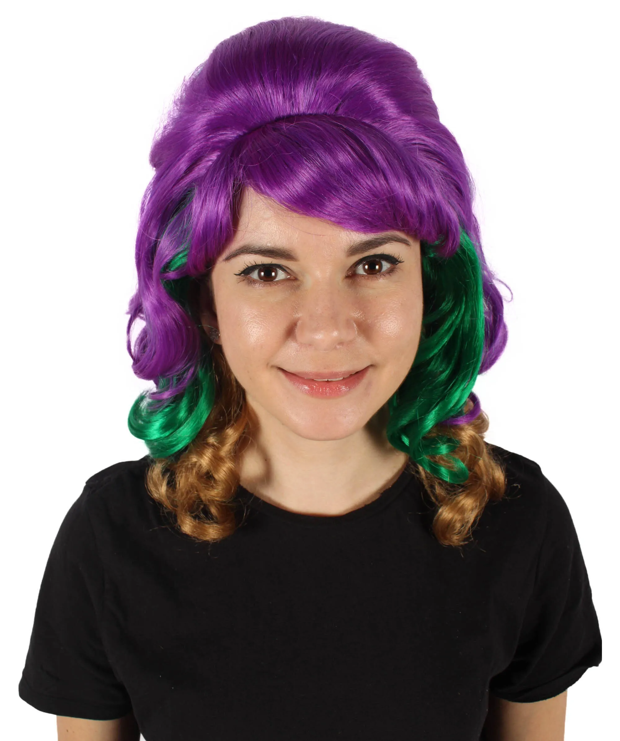 HPO Adult Women's Mardi Grass Multicolor Long Curly Beehive Wig I Perfect for Halloween I Flame-retardant Synthetic Fiber