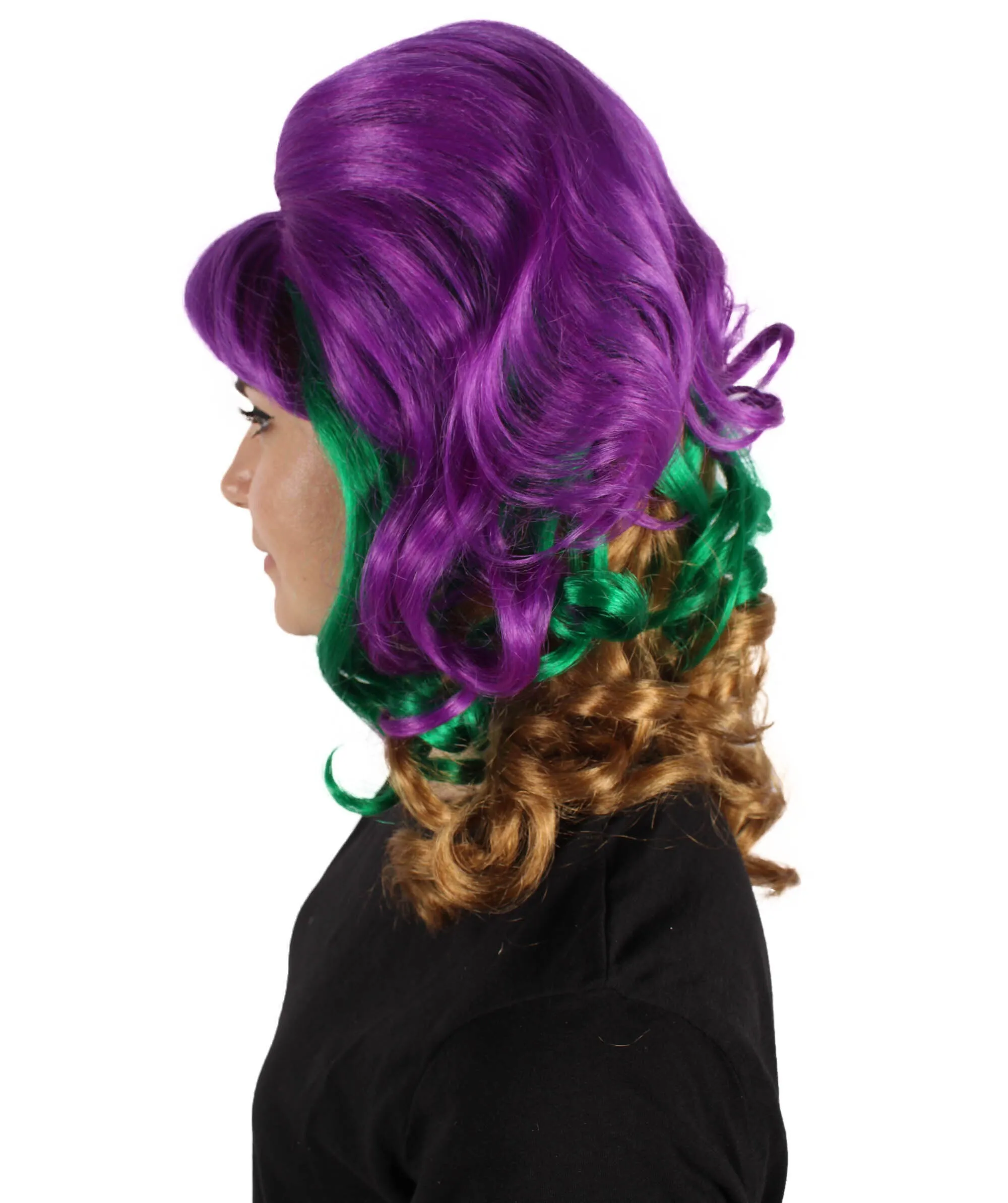 HPO Adult Women's Mardi Grass Multicolor Long Curly Beehive Wig I Perfect for Halloween I Flame-retardant Synthetic Fiber