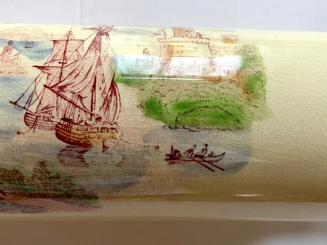 HTF Polychrome Red English Transferware Rolling Pin Nautical Ship Scene Wood Handles - Kitchen Decor