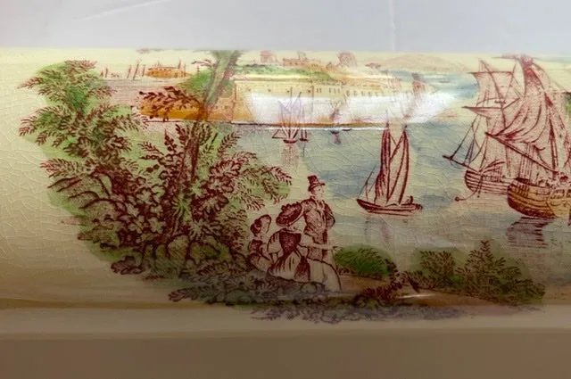 HTF Polychrome Red English Transferware Rolling Pin Nautical Ship Scene Wood Handles - Kitchen Decor