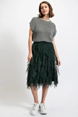 Hunter Green Embellished Tulle Layered Midi Skirts