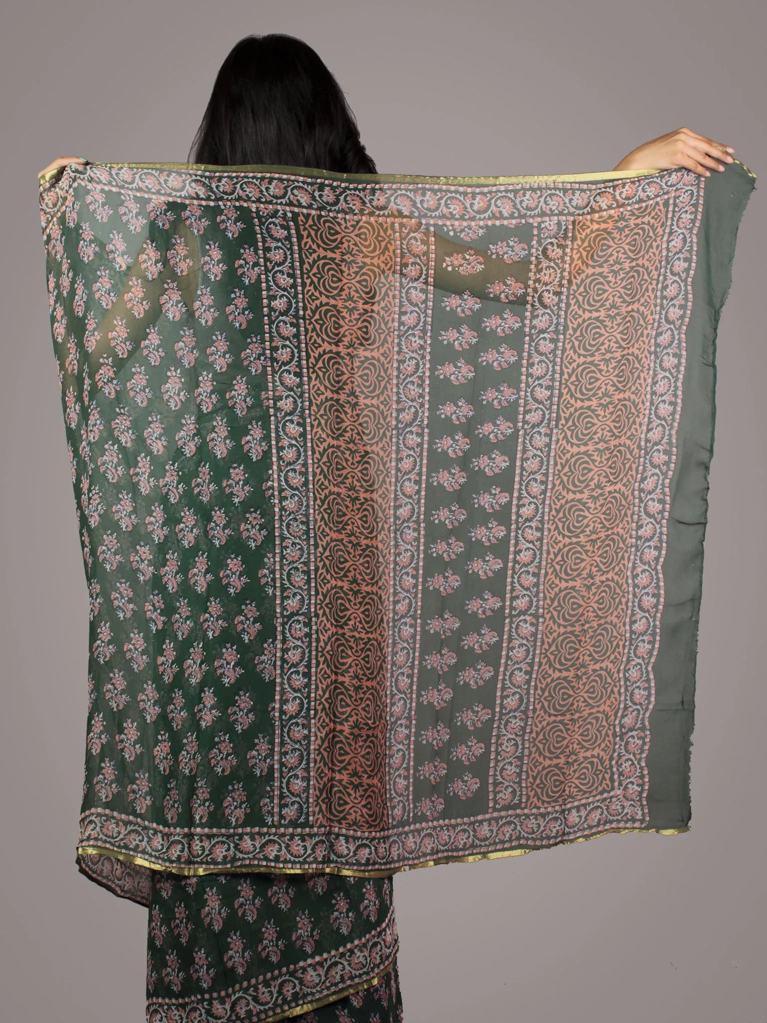 Hunter Green Pink Off White Hand Block Printed Chiffon Saree - S031701856