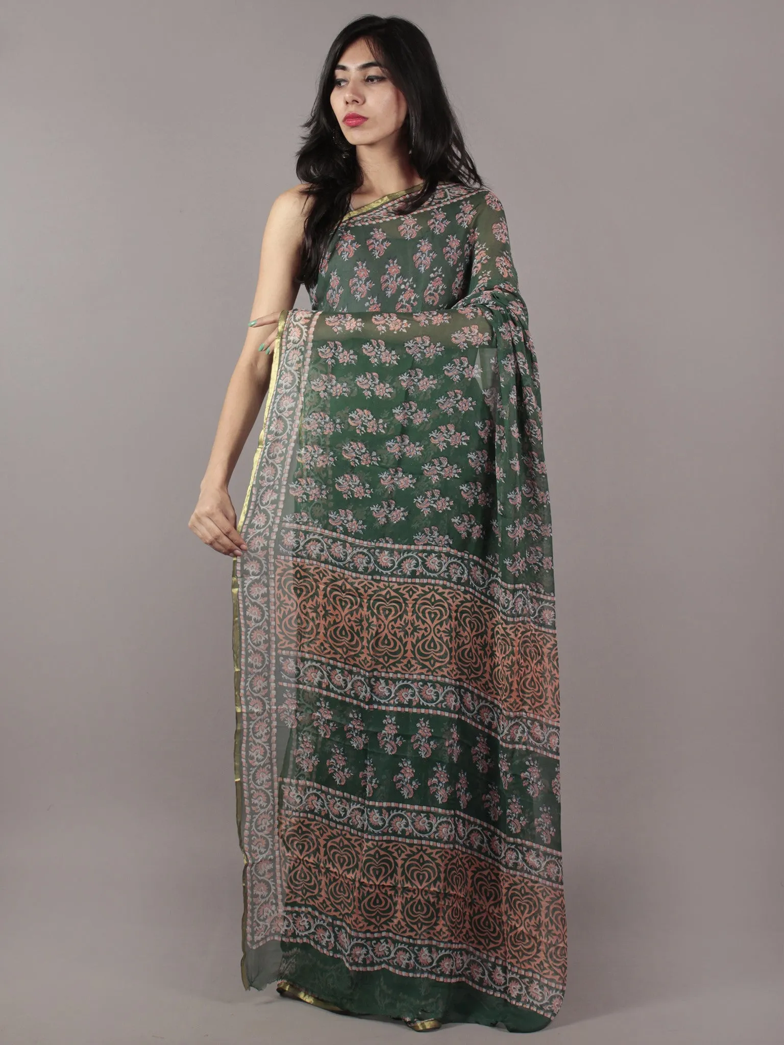 Hunter Green Pink Off White Hand Block Printed Chiffon Saree - S031701856