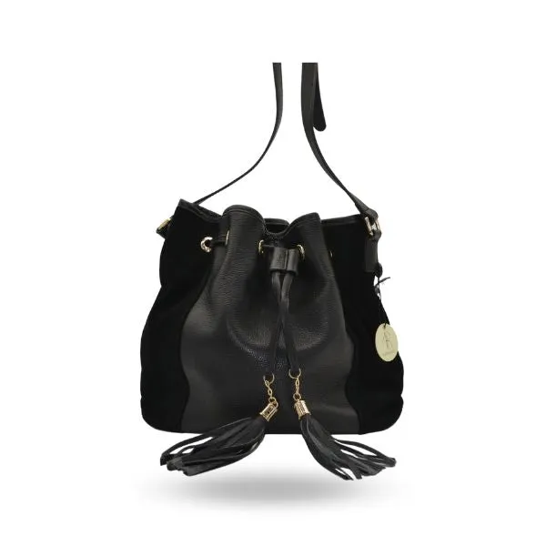 HUNTER VALLEY - Women's black Suede Genuine Leather Drawstring Bucket Bag Crossbody