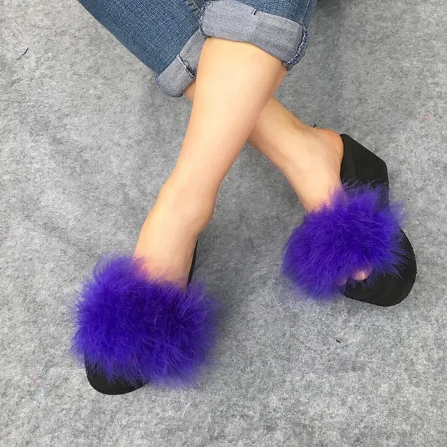 “Icon dolls” Fluffy fur wedge platform slides slippers