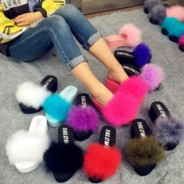 “Icon dolls” Fluffy fur wedge platform slides slippers