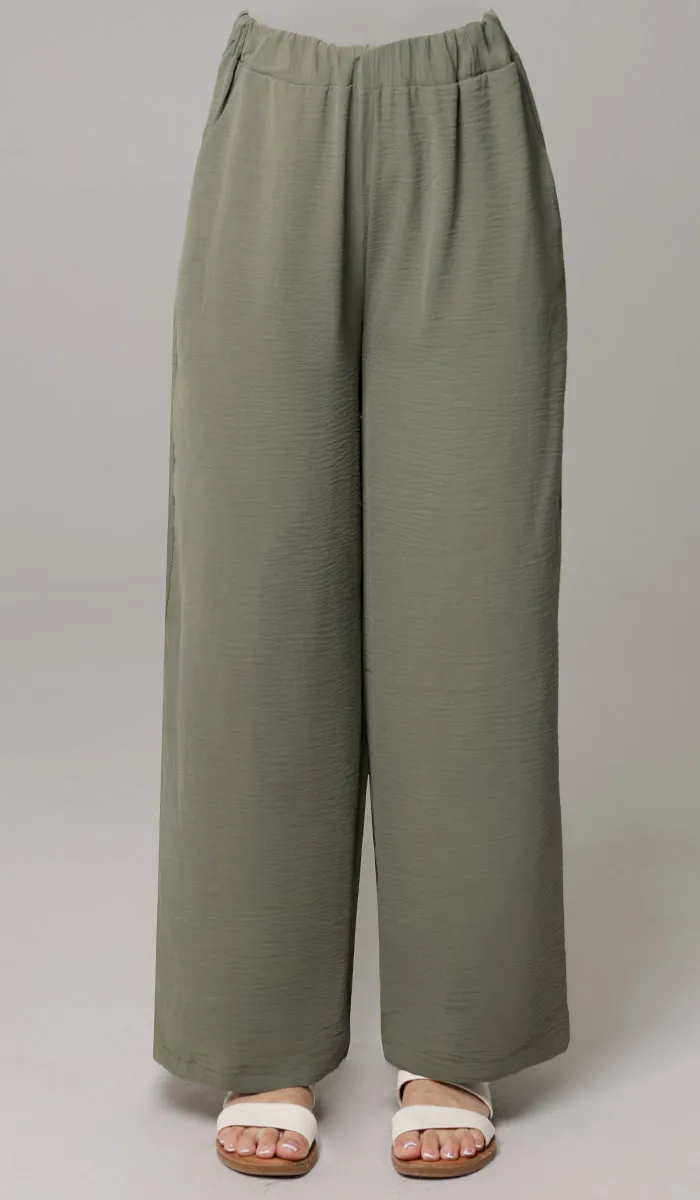 Ilham Loose Flowy Stretch Palazzo Pants - Olive