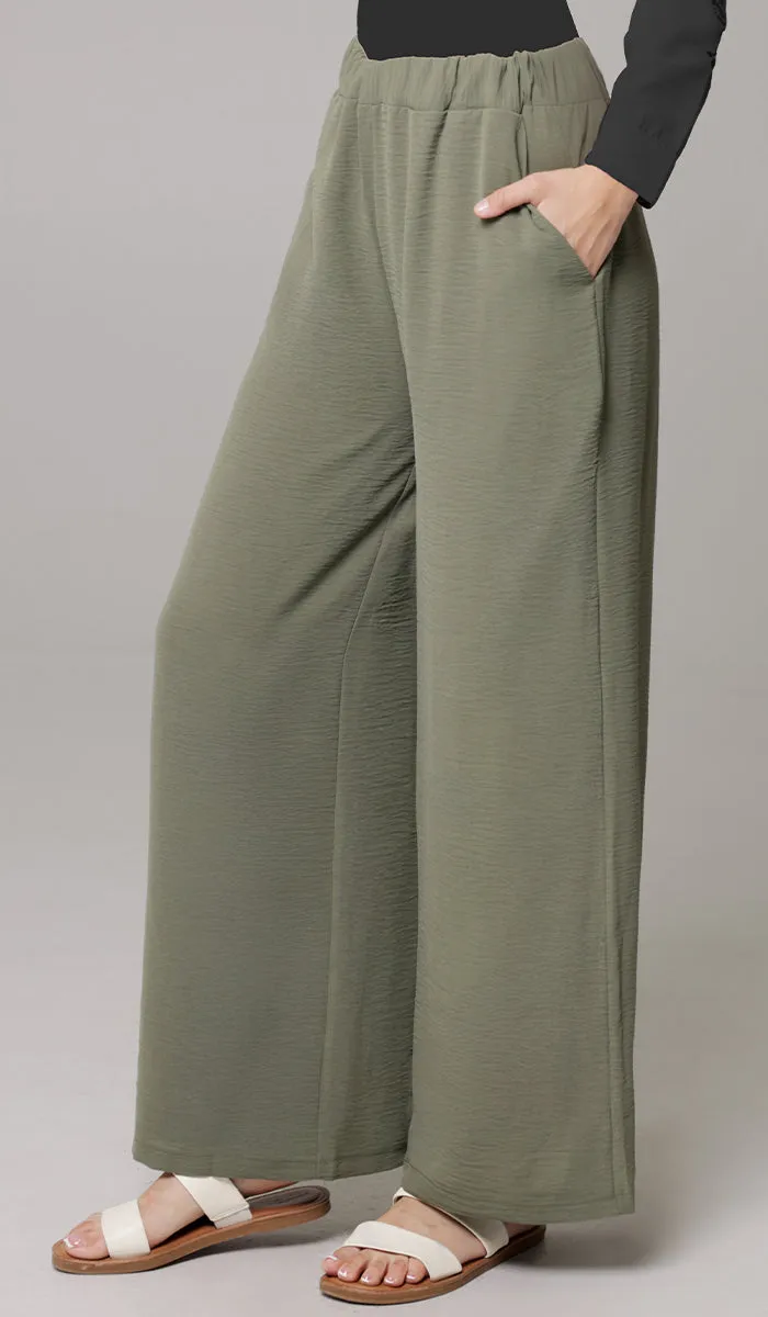 Ilham Loose Flowy Stretch Palazzo Pants - Olive