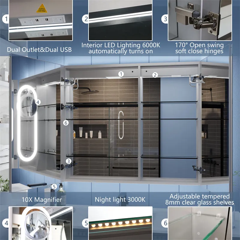 Illusion-B 42" x 36" LED Lighted Inset Mirrored Medicine Cabinet with Magnifiers Front and Back Light