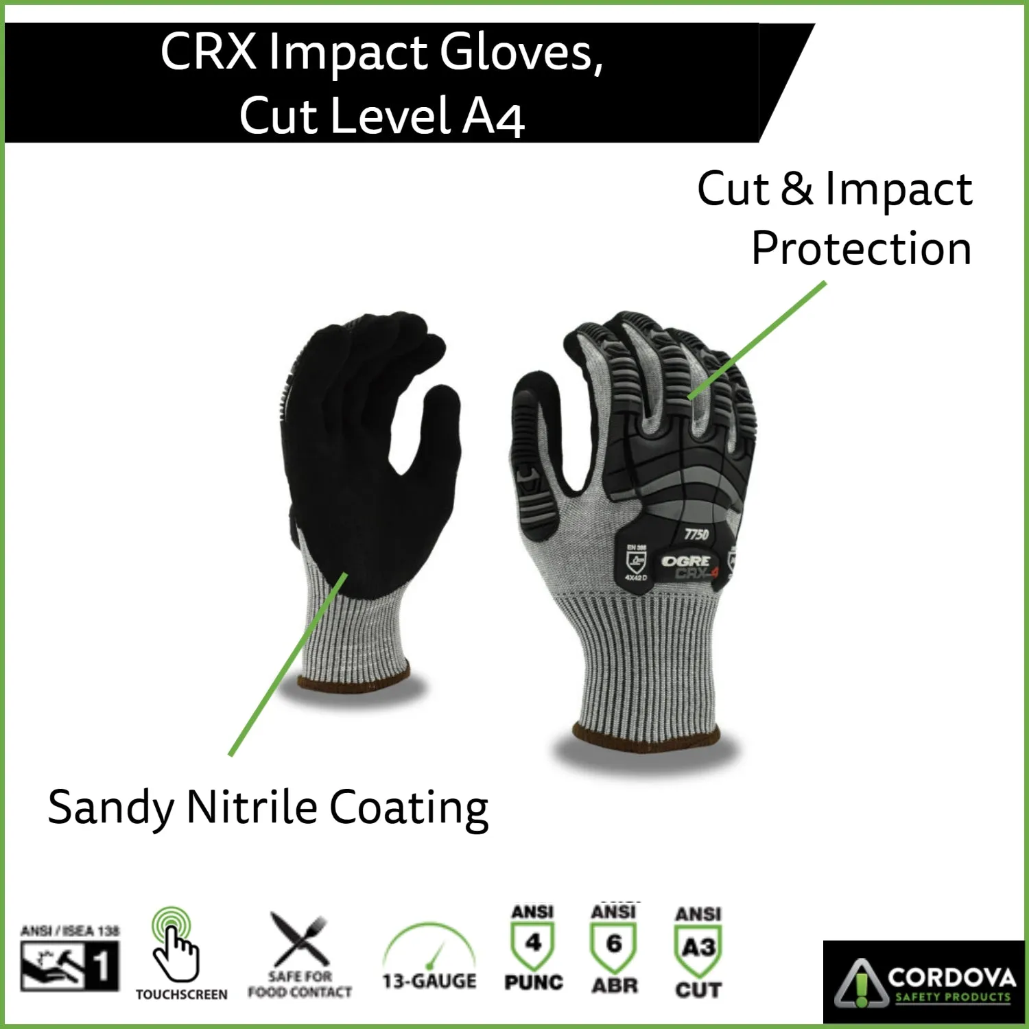 Impact Gloves, Cut Resistant, ANSI Cut Level A4