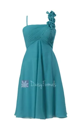 In stock,Ready to Ship - Short Chiffon Bridesmaid Dress W/Floral Strap(BM2454S) - (#44 Cyan)