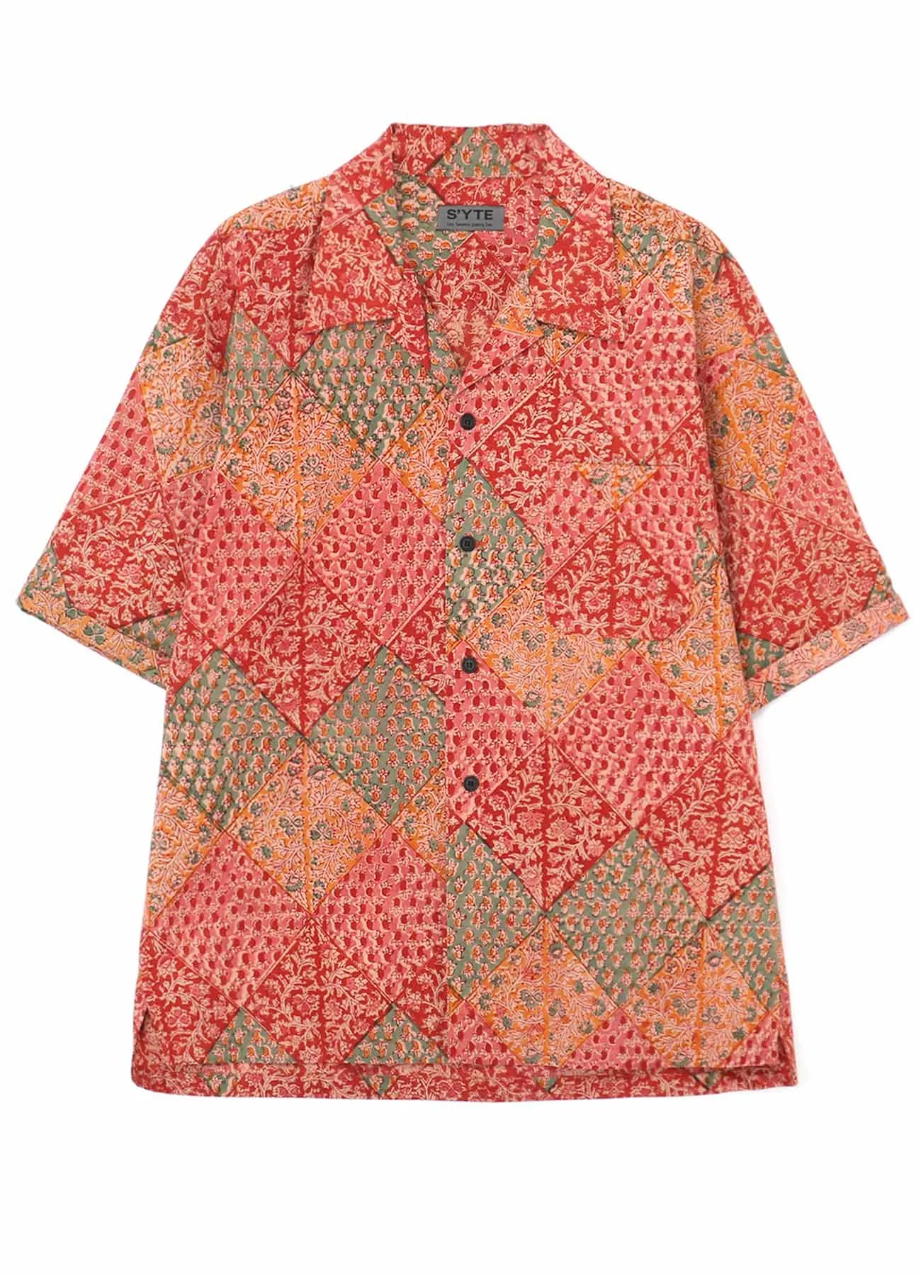 INDIAN BLOCK PRINTED BOTANICAL PATTERN SHIRT WITH ROLL-UP HALF SLEEVES