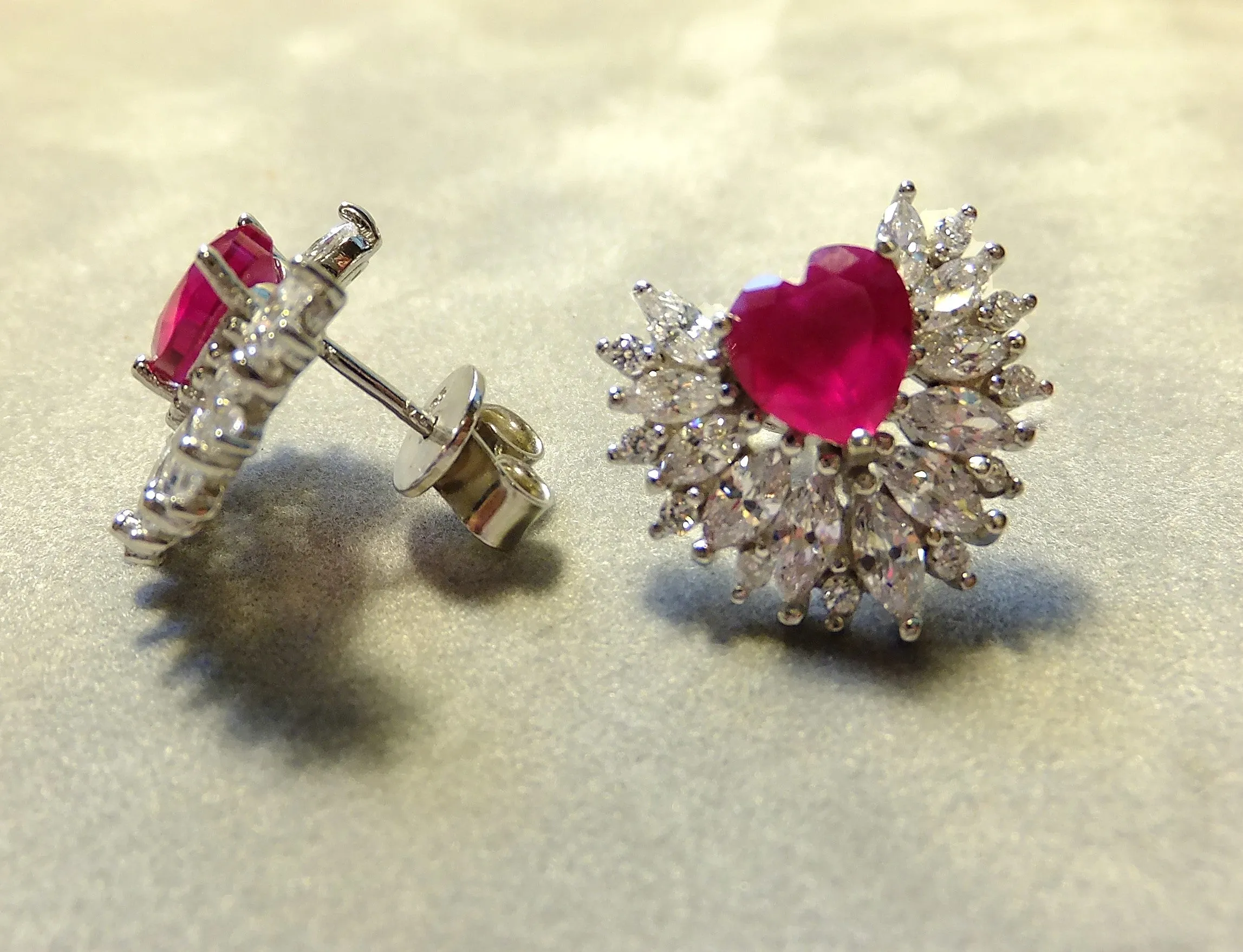 Indian Ruby and White Topaz Heart Stud Earrings