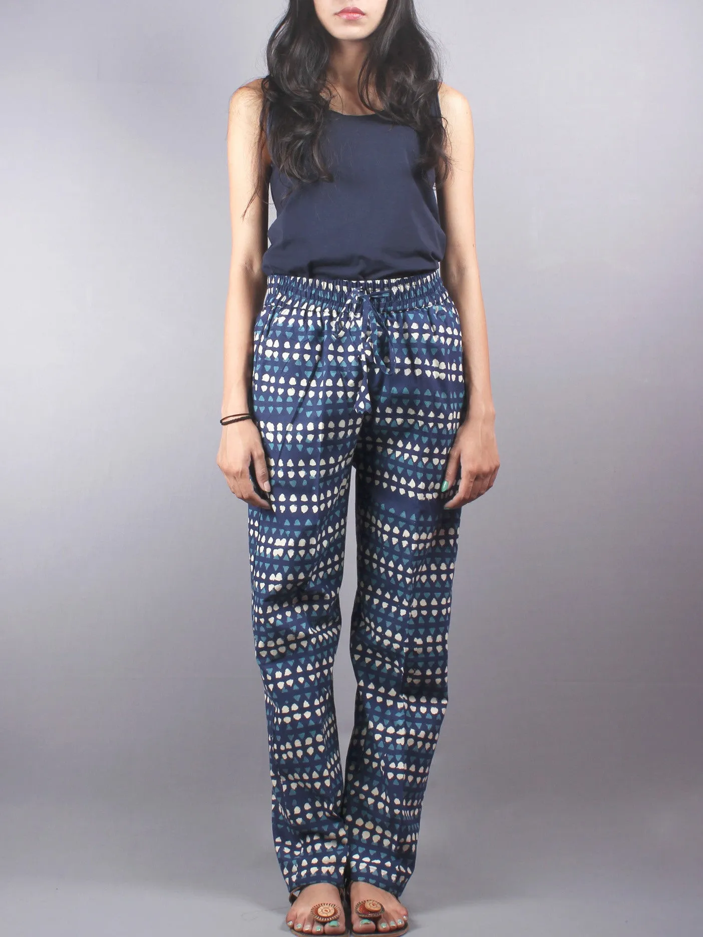 Indigo Hand Block Printed Elasticated Waist Trousers- T0317008