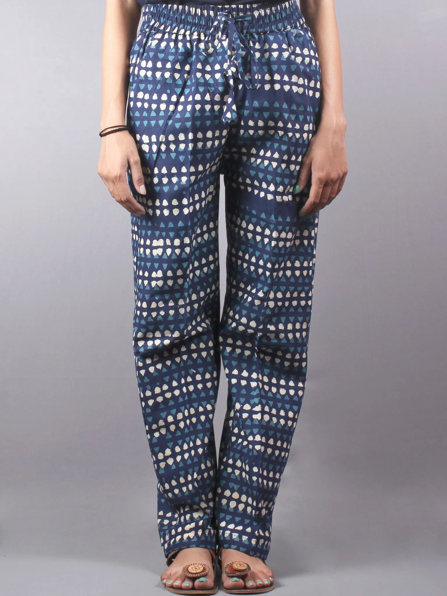 Indigo Hand Block Printed Elasticated Waist Trousers- T0317008