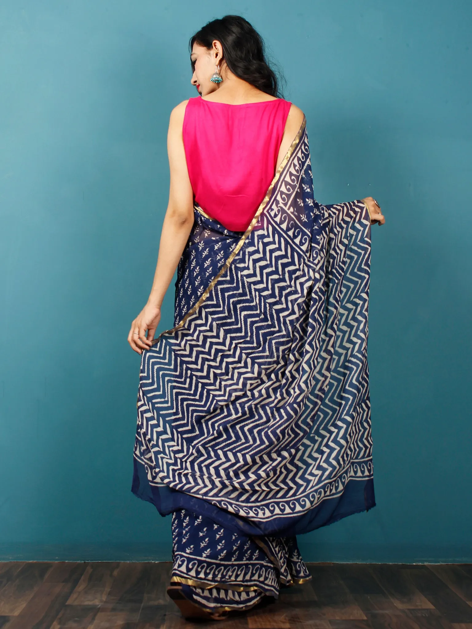 Indigo Ivory Hand Block Printed Chiffon Saree with Zari Border - S031702782