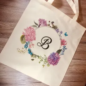 Initial Floral Wreath Tote Bag