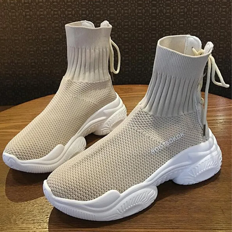 Ins Socks Shoes Women's  New Fall Student Fly Woven Mesh Face Breathable Muffin Old Dad Shoes High Top Sneakers