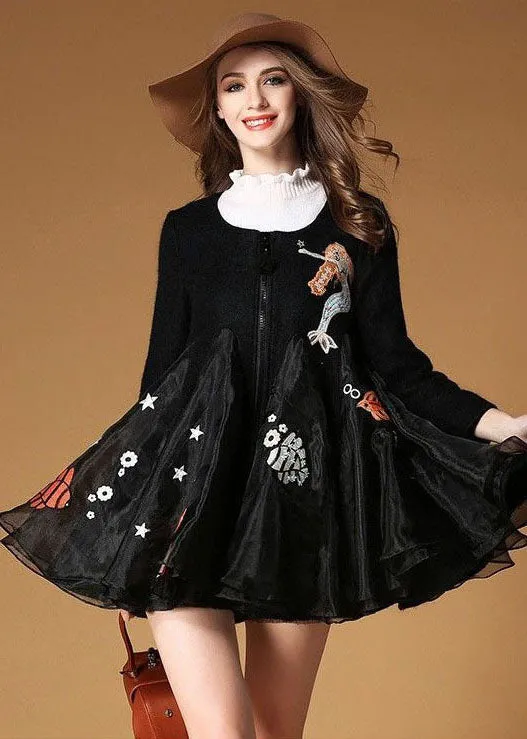 Italian Black Embroideried Organza Patchwork Woolen Coat Spring