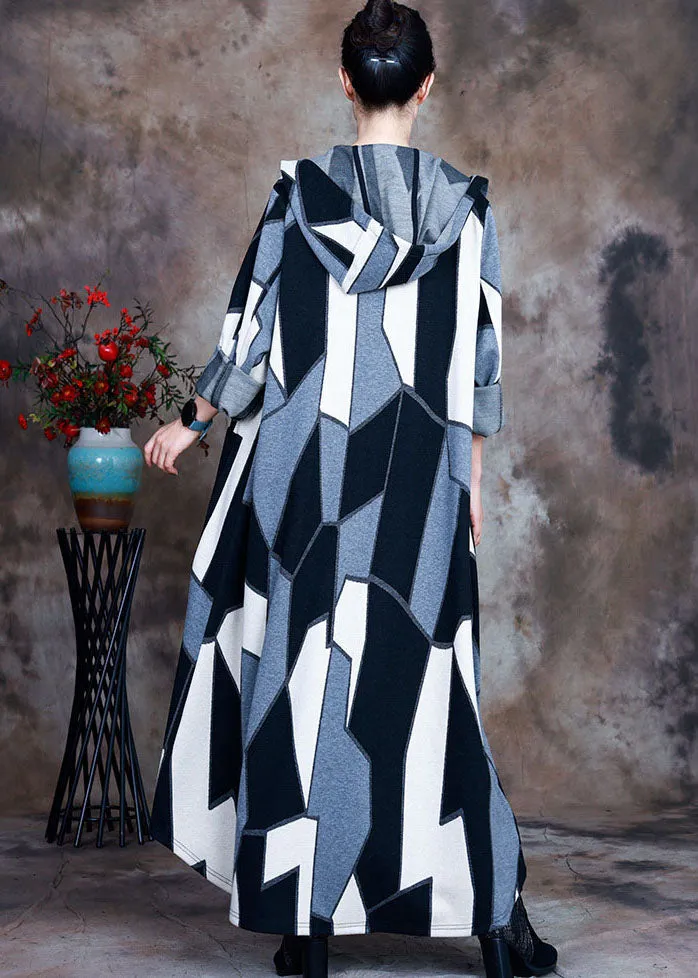 Italian Black White Hooded Print Woolen Coat Spring