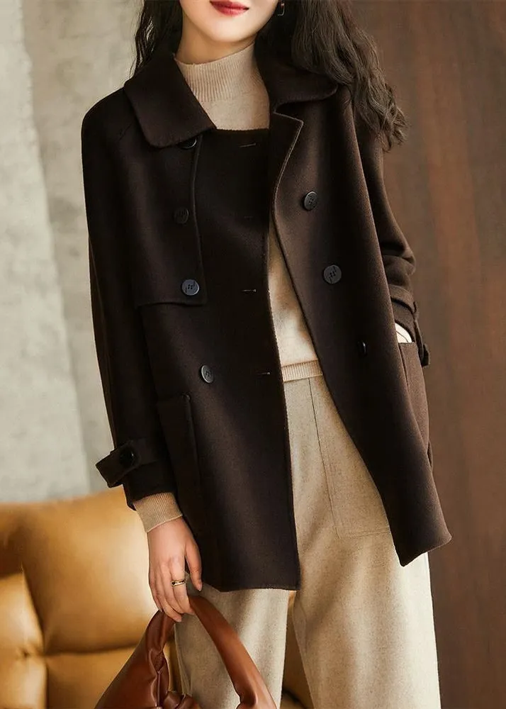 Italian Coffee Double Breast Pockets Patchwork Woolen Coat Fall LY9616