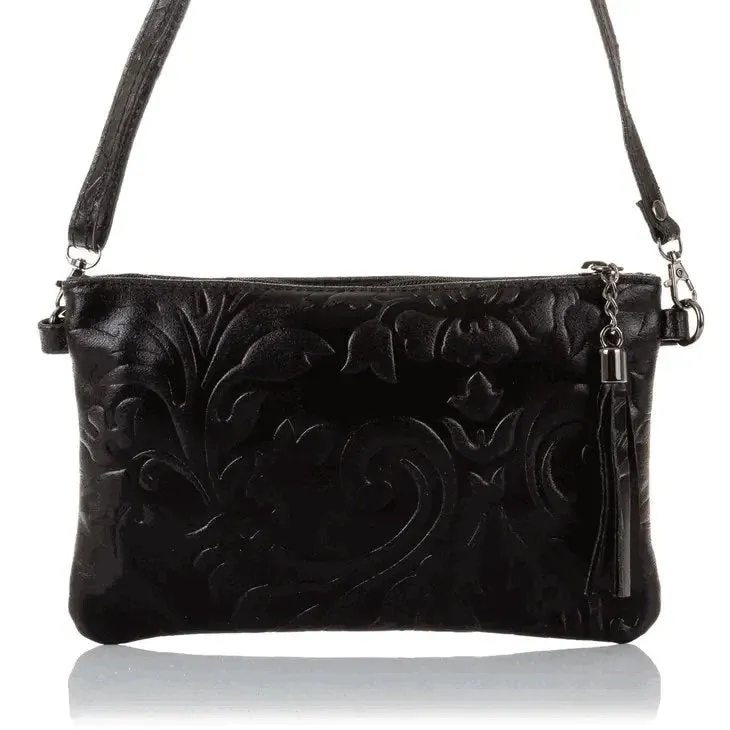 Italian Leather Suede Engraved Black Shoulder Bag