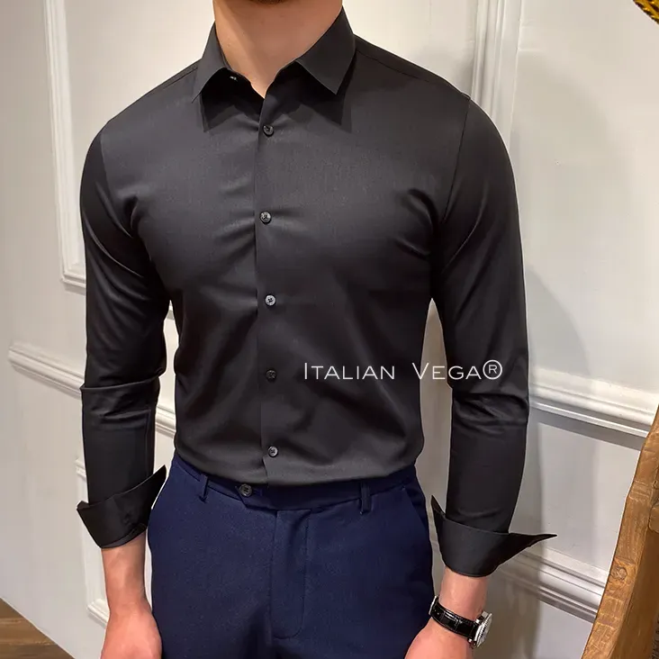 Italian Premium Black Satin Cotton Shirt