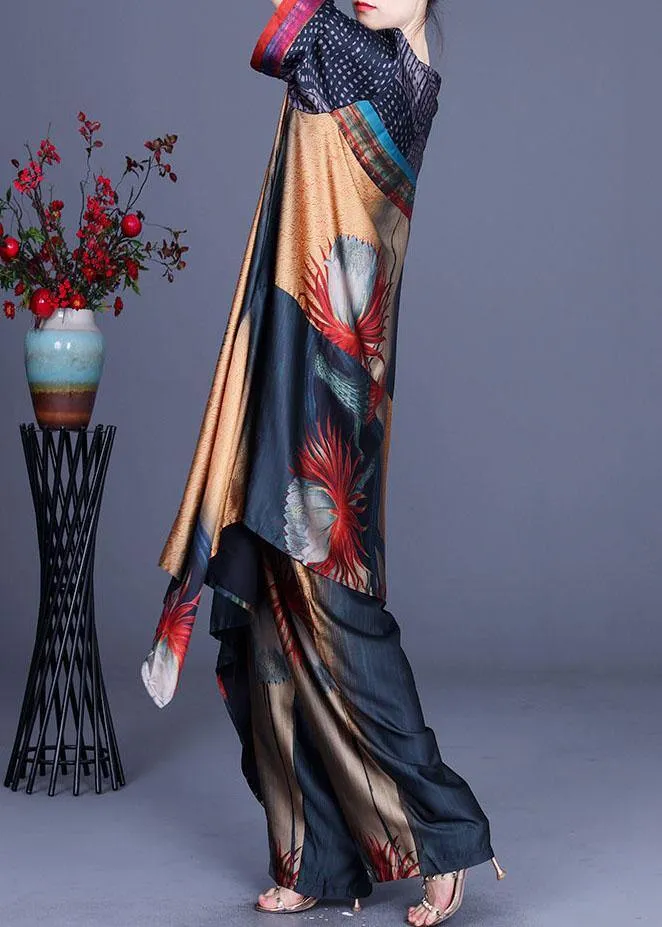 Italian Print Chiffon asymmetrical design Wide Leg Two Pieces Set