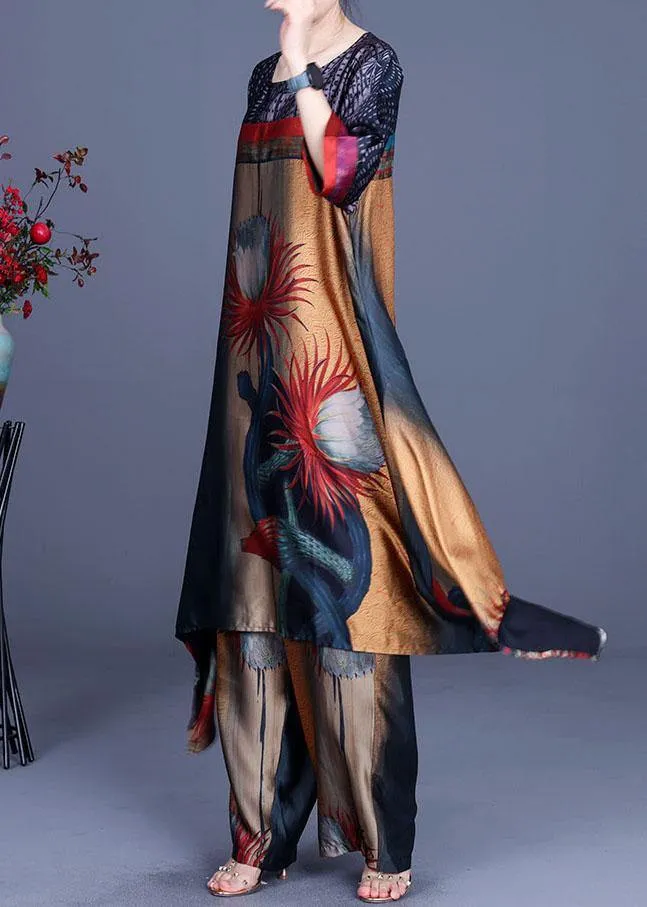 Italian Print Chiffon asymmetrical design Wide Leg Two Pieces Set