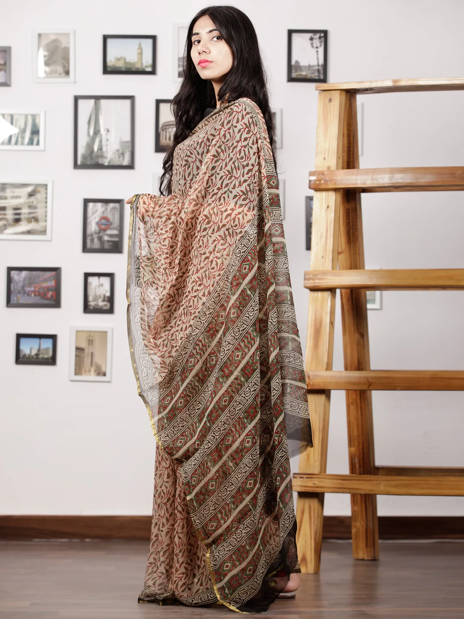 Ivory Black Red Green Hand Block Printed Chiffon Saree with Zari Border - S031702989