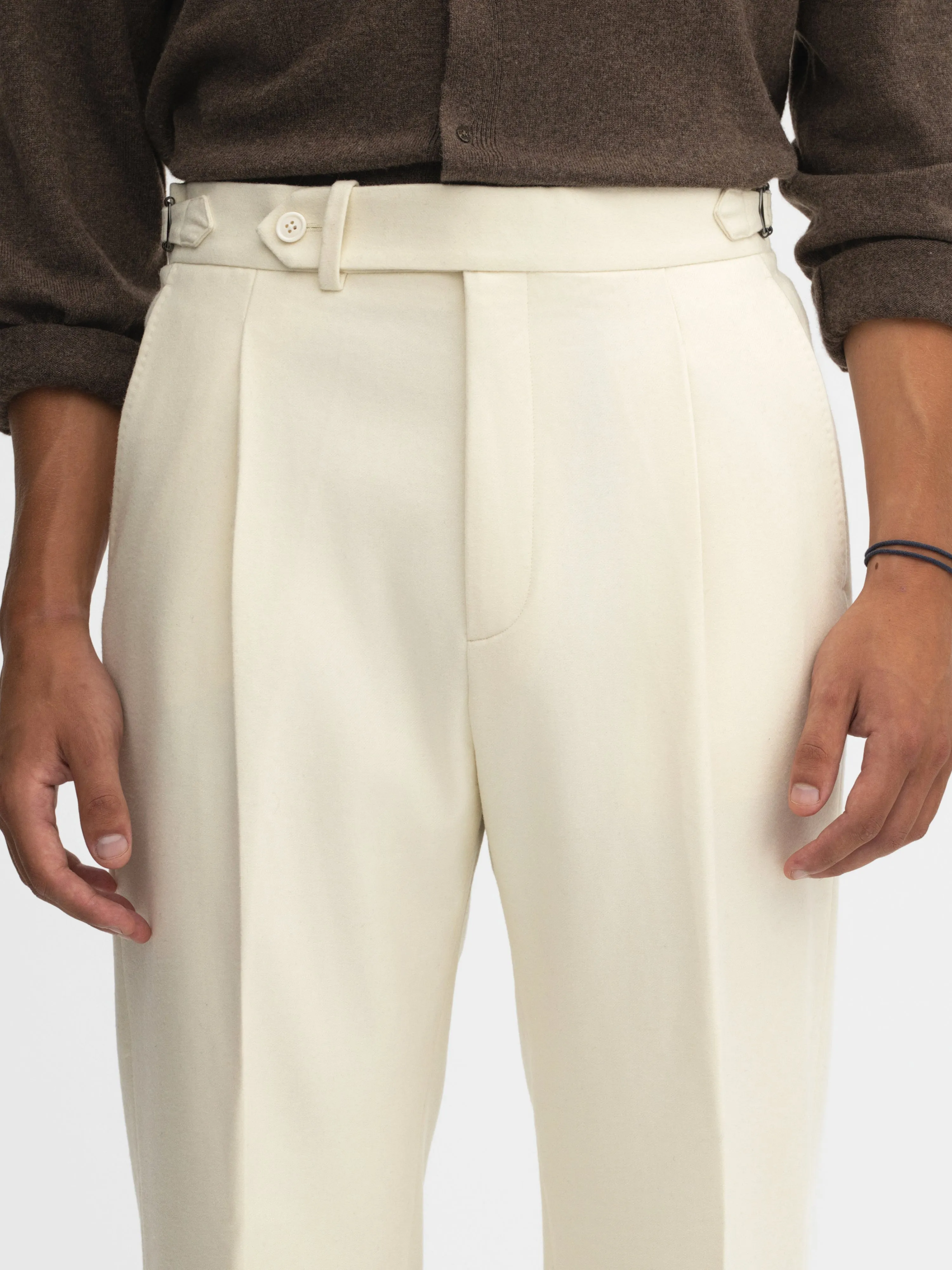 Ivory Flannel Wool Oscar Trousers (Wide Fit)