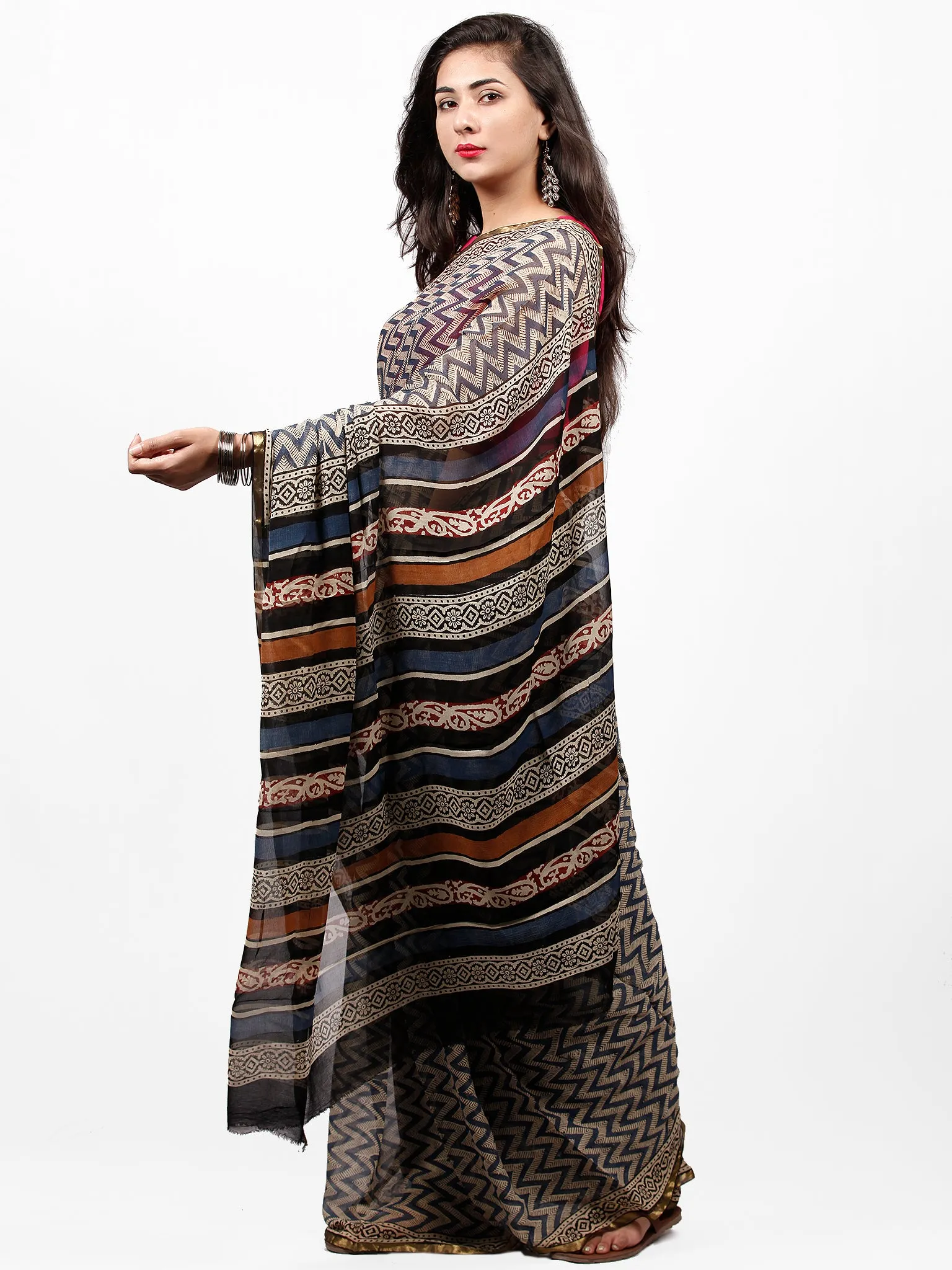 Ivory Indigo Black Hand Block Printed Chiffon Saree with Zari Border - S031703267